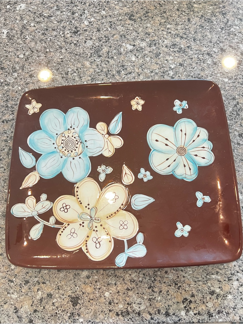 Pier 1 Cassidy Brown Platter with Blue and Cream Floral Design